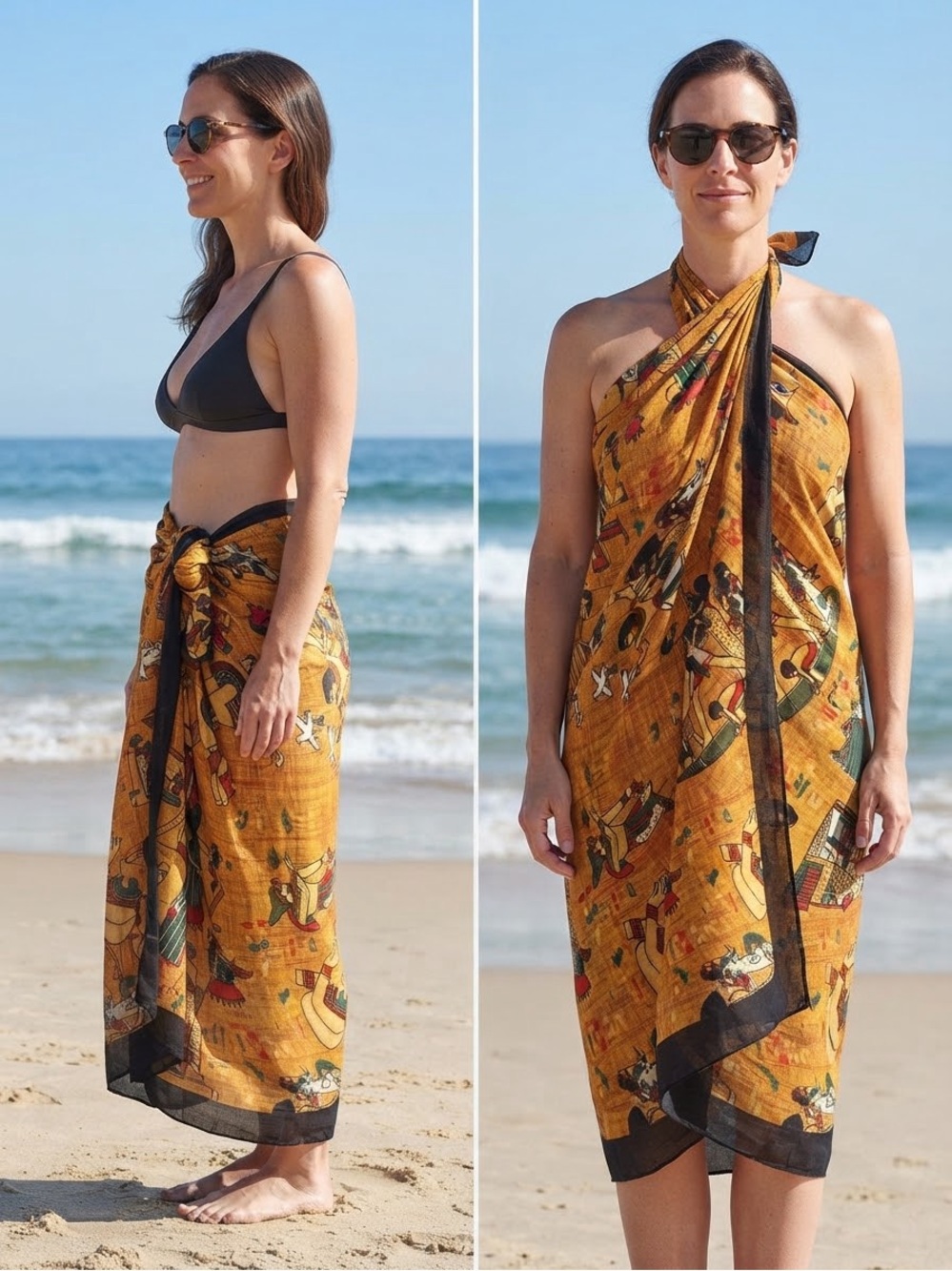 Pareo Scarf, 45”x63” Orange Brown Black Egyptian Motif Sheer Lightweight
